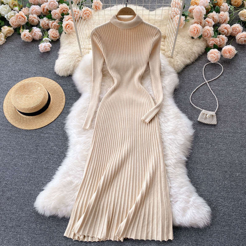 Autumn 2022 New Goddess Temperament High Neck Slim Fit Medium Long Style with Inner Bottom Skirt Knitted Dress Chiffon Floral Dress Short Sexy Silk Dr