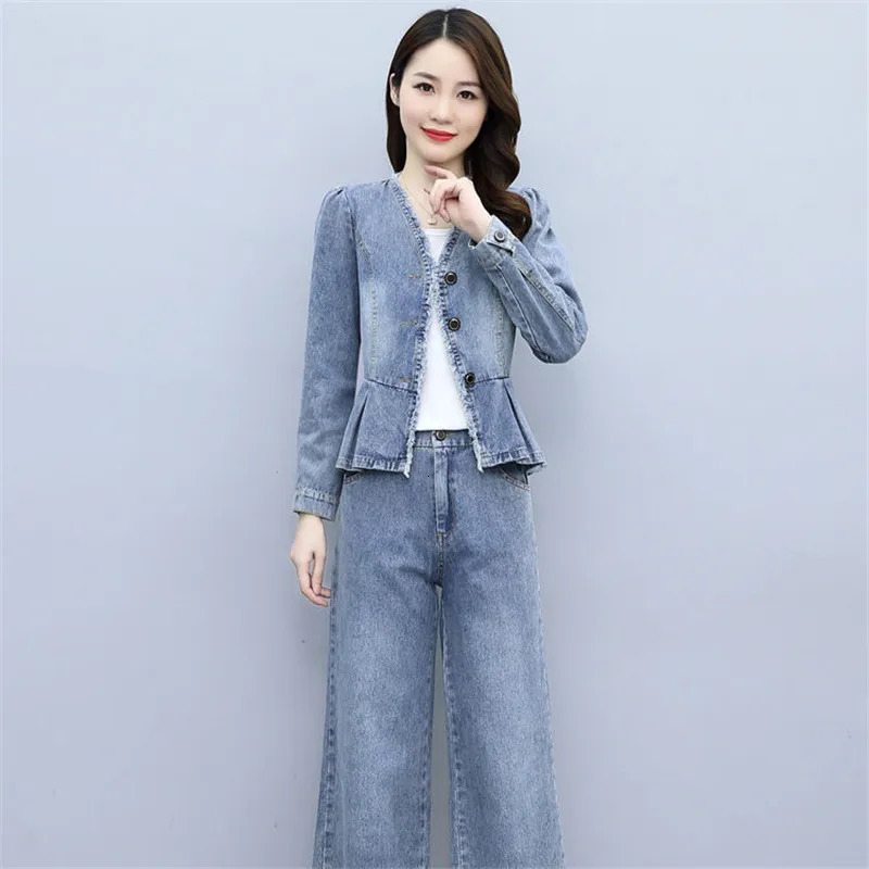 Women Denim 2 Piece Sets Women Outfit Spring Autumn Casual Long Sleeve Jean Jacket Elastic Waist Wide Leg Jeans Pants Suit 4XL 240715
