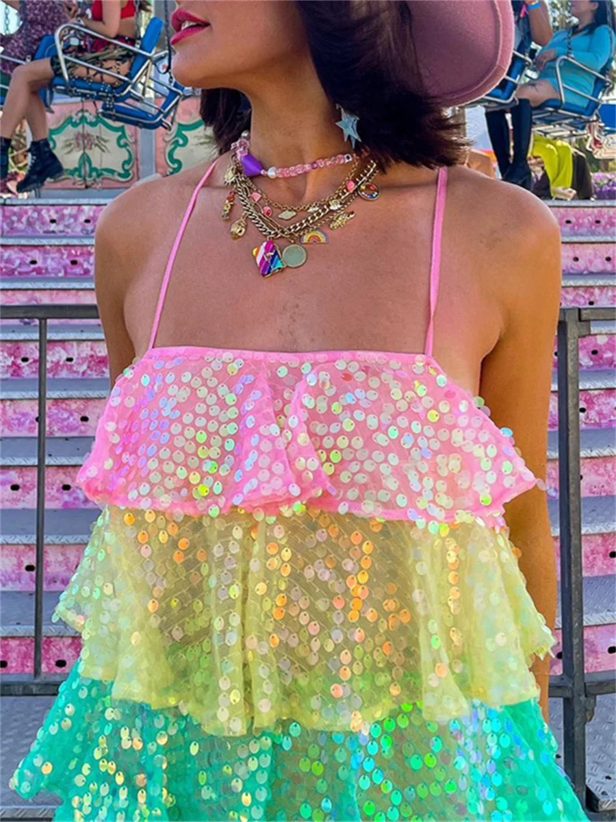 wsevypo Colorful Shiny Sequins Layered Ruffles Dress Summer Street Style Women Spaghetti Strap Party Club Mini Tiered Dress 240716