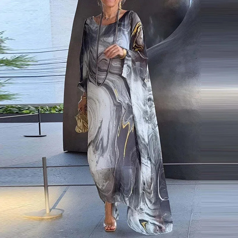 Elegant Marble Texture Print Commuting Dress Women Spring Round Neck Long Chiffon Dresses Summer Batwing Sleeve Loose Boho 240712