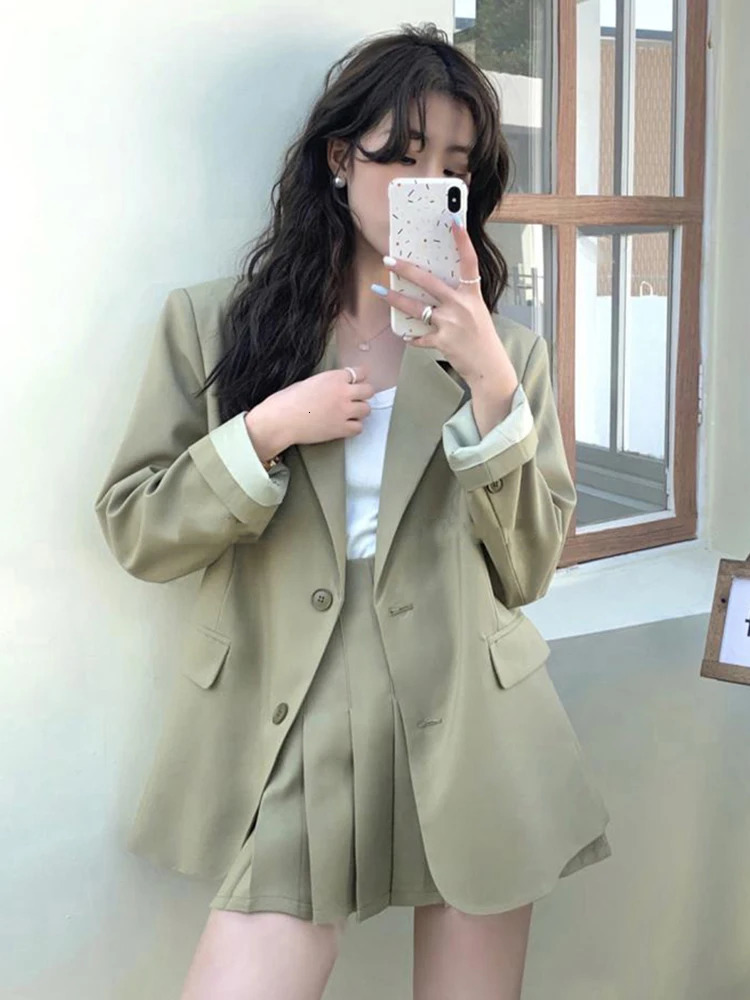 Fashion Spring Autumn 2 Pieces Outfits Suits Women Ladies Clothes Preppy Style Tops Coat Blazer Suit And Pleated Mini Skirt Set 240712