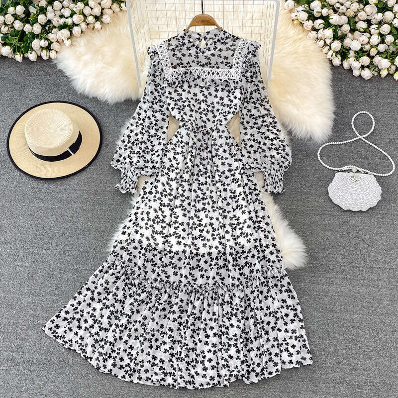 Spring and Autumn French Grand Swing Long Super Fairy Fragrant Flower Skirt Lantern Sleeve High Waist Look Skinny Lotus Leaf Edge Stand Up Collar Dres