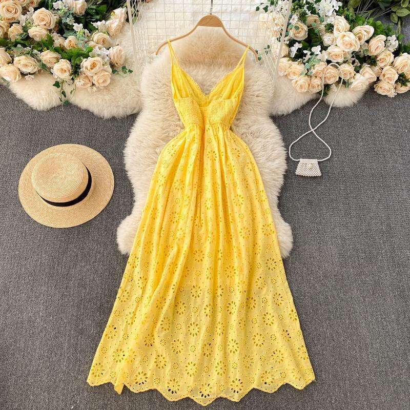 Heavy Industry Hollowed Out Floral Sexy Collar, Backless Suspender Spring Dress, New Goddess Vacation Style Long Skirt Trend Pregnant Womens Dress