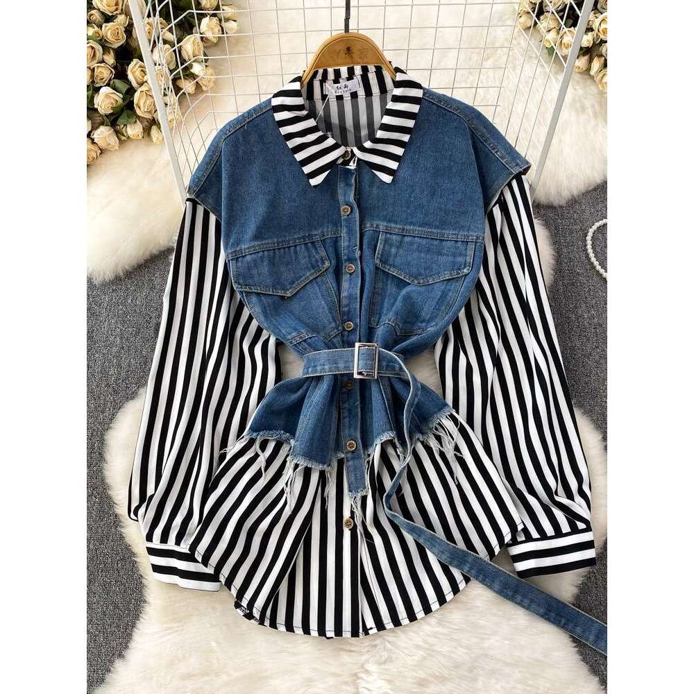 Spring and Autumn Korean Style Fake Two Loose Denim Vests with Striped Shirts for Womens Casual Irregular Top Novelty Bifurcated BOHO DRESS SKINNY DRE