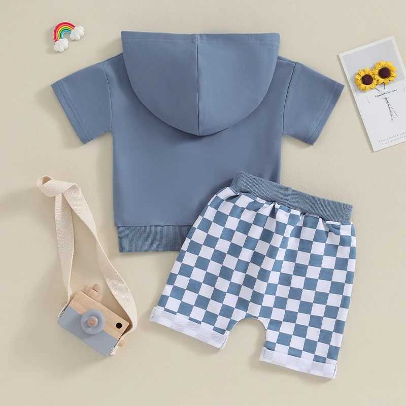 Clothing Sets Toddler Boys Summer Outfits Solid Color Hooded Short Sleeve T-Shirts Tops and Checkerboard Elastic Waist Shorts 2Pcs Clothes Set
