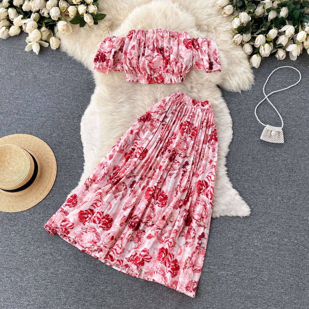 Vacation Style Set, Womens Design Sense, One Shoulder Short Sleeved Strapless Top, Pleated Skirt, Two-piece Set Oversize Dress Pregnant Womens Dress