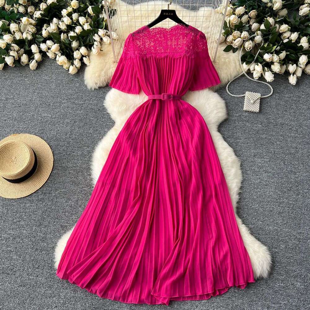 High End Lace Patchwork Pleated Dress for Women, French Elegance, Waist Reduction, Slimming Temperament, Knee Length Skirt Round Neck Dress BOHO DRESS
