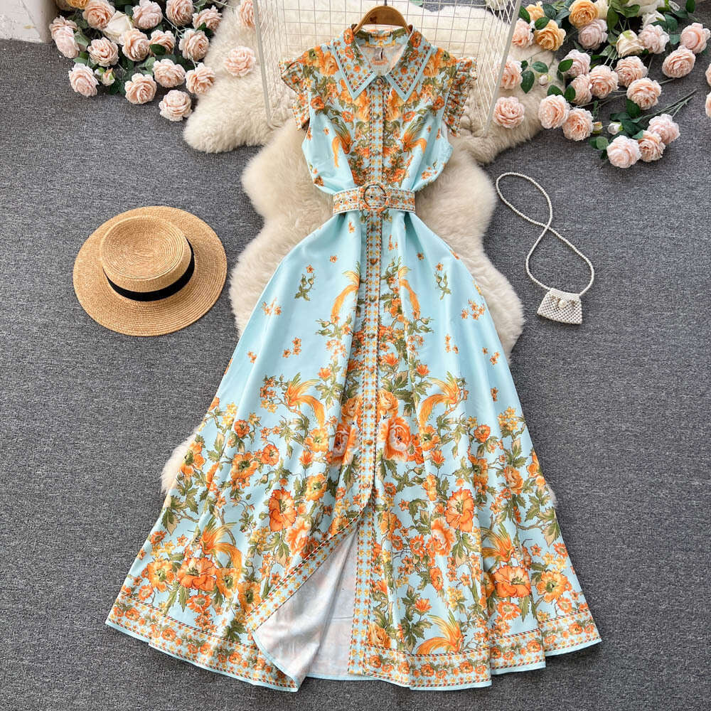 Summer New Short Sleeved Chiffon Printed Womens Fit, Slim Waist, Elegant Goddess Style Vacation Dress Self-cultivation Loose Temperament Denim Dress B