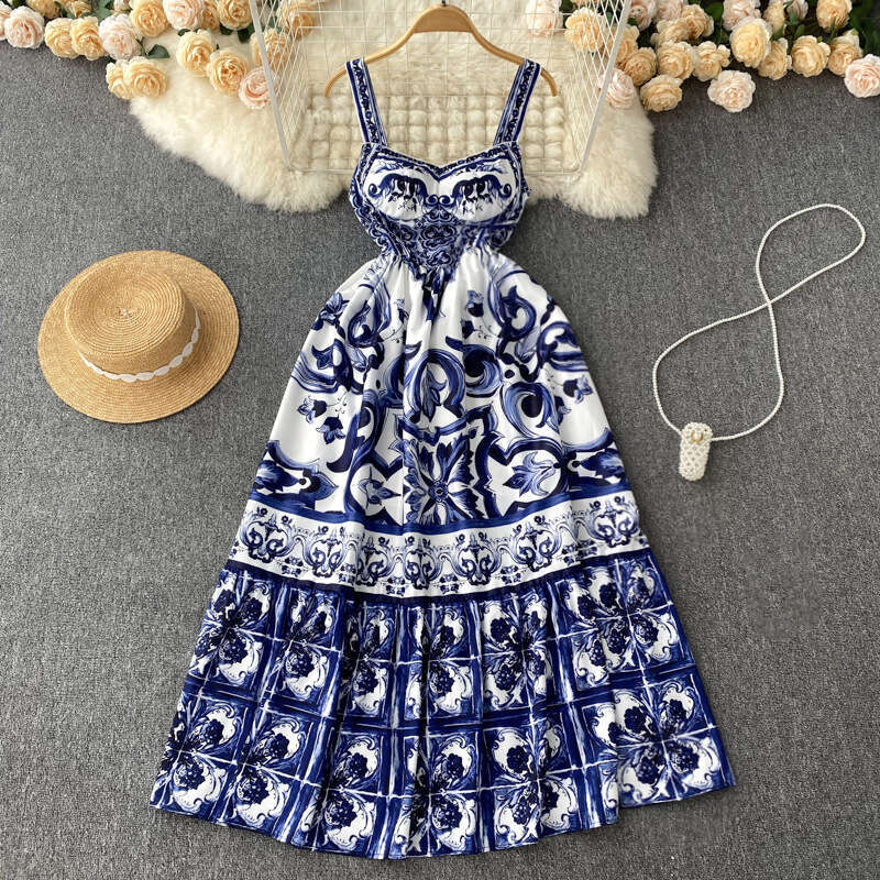 Ethnic Style Waistband Shows Slimming Temperament with A Camisole Dress, Summer Womens Haute Couture Print Stunning A-line Long Skirt Round Neck Dress