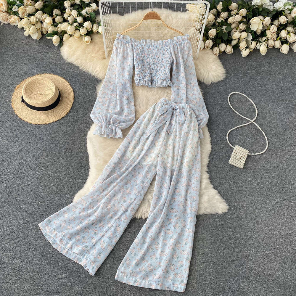 One Line Neckline Off Shoulder Bubble Sleeves, Sweet and Age Reducing French Printed Short Top, High Waisted Wide Leg Pants Two-piece Set Sexy Silk Dr