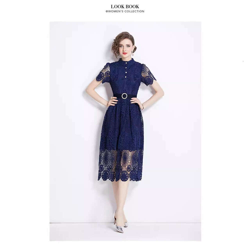 French Style Temperament Summer Female Niche, Water-soluble Lace Slim Fit Long Short Sleeved Dress, Can Be Worn on Weekdays Short Loose Lace Dress BOH