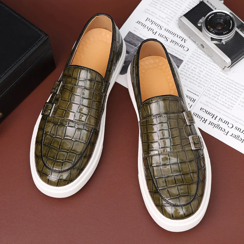 Mens Charm Pattern Monk Belt Leather Casual Shoes Mens Comfortable Thick Bottom Loafers Zapatos Hombre 240715