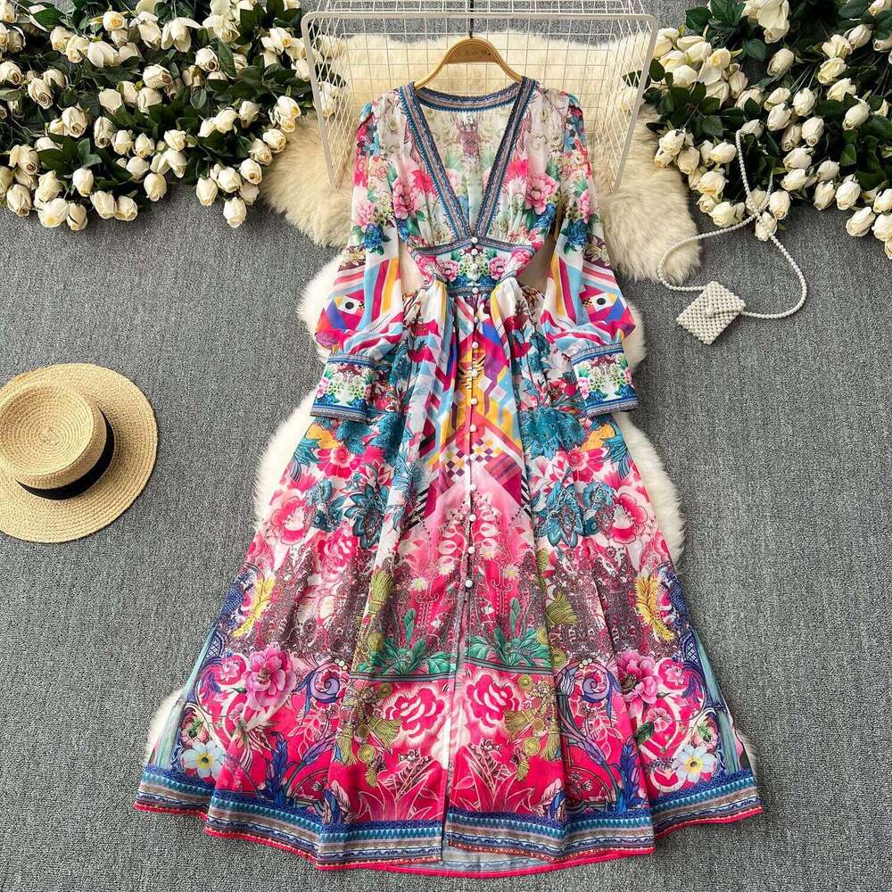 Luxury Vacation Niche Palace Style French Deep V-neck, Waist Cinched Buckle, Printed Long Dress Temperament Sexy High Waist Dress Pregnant Womens Dres