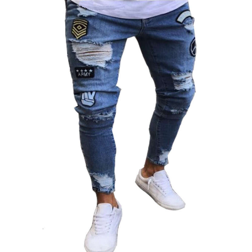 Designer men's jeans LHC465 cross-border European and American badge jeans knee zipper tight pants hole men's jeans