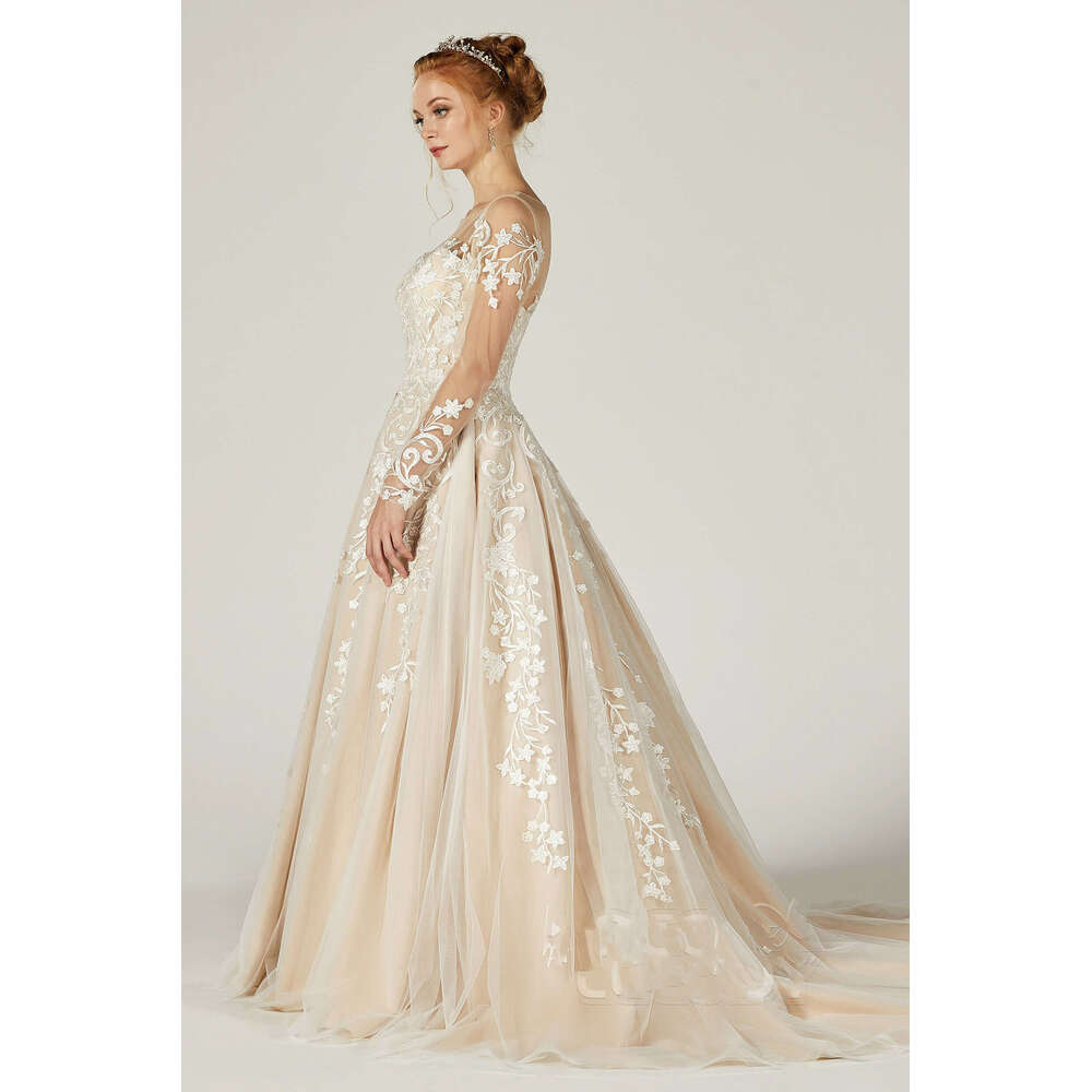 Illusion Sheer Long Sleeves Lace Applique Tulle A E Wedding Dresses Court Train Custom Made Vestido De Morrie