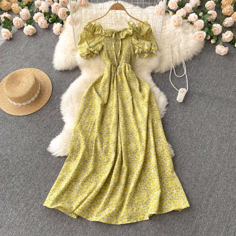 Little Fresh French Fairy Fragmented Flower with High Drawstring and Folded Waist for Slimming Big Swing Long Dress Waist Short Oversize Dress