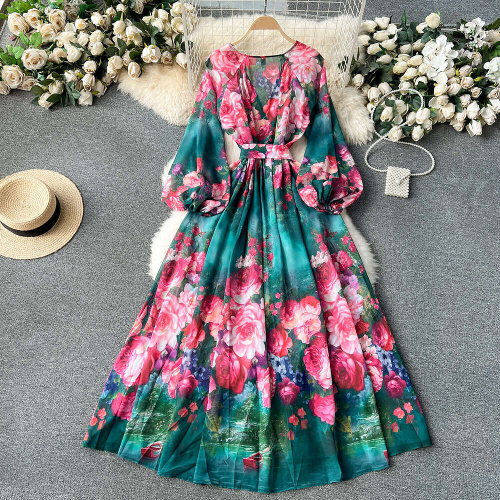 Fanhua Series Sexy Deep V-neck Buckle Tie Waist Long Version Dress, Niche Print Chiffon Vacation Dress Sexy Temperament Oversize Dress SKINNY DRESS