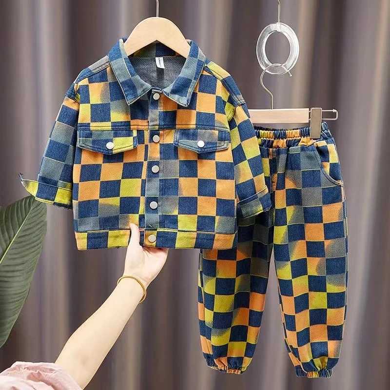 Clothing Sets Childrens And Boys Denim Set For Spring And Autumn New Autumn Two-piece Set For Korean Version Of Fashionable Plaid For Boys