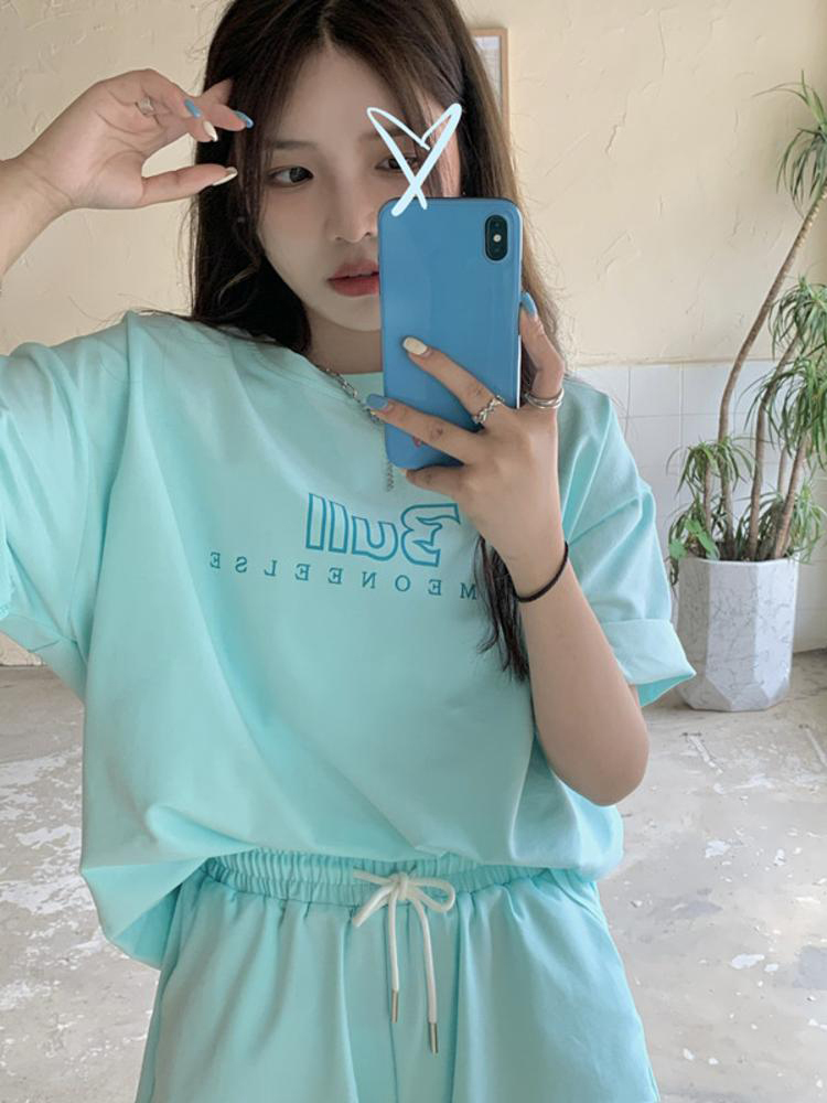 Official photo 6535 cotton casual sports suit women's summer short sleeved shorts two-piece set