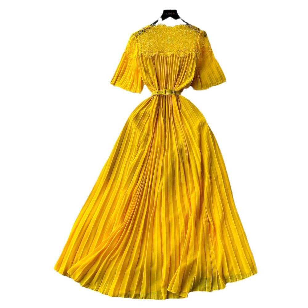 High End Lace Patchwork Pleated Dress for Women, French Elegance, Waist Reduction, Slimming Temperament, Knee Length Skirt Round Neck Dress BOHO DRESS