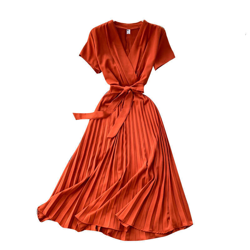 French Niche Dress for Women 2020 New Style Temperament Solid Color V-neck Tie Up Waist Slimming Knee Length Pleated Skirt Bifurcated Novelty Short La