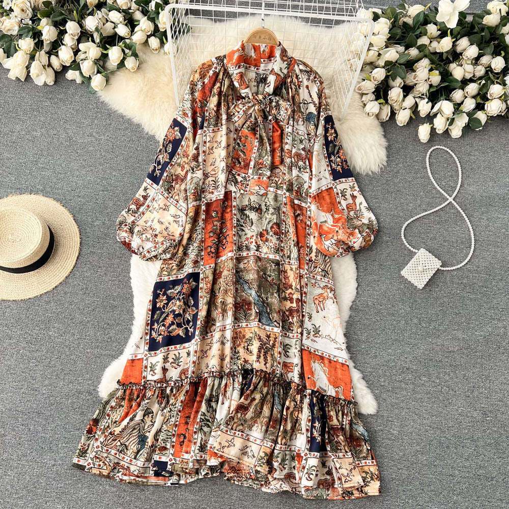 Personalized Print Design Sense, Niche Lantern Sleeves, High Neck Temperament, Heavy Industry Loose Fitting Dress, Knee Length Skirt Pregnant Womens D