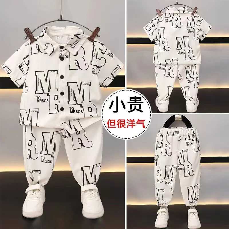 Clothing Sets 2-9Y Teenage Boys Shirt Set 2024 New Handsome Childrens Summer Short Sleeve Letter Shirt +Long Pants Baby Boy Summer Clothing