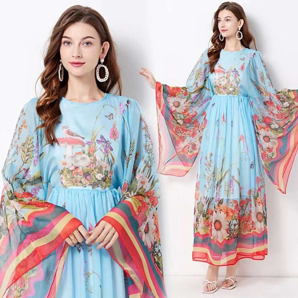 Spring and Autumn Fashion Palace Round Neck Horn Sleeve Lazy Loose Printed Western Style Long Dress Chiffon Floral Dress Sexy Waist Silk Dress