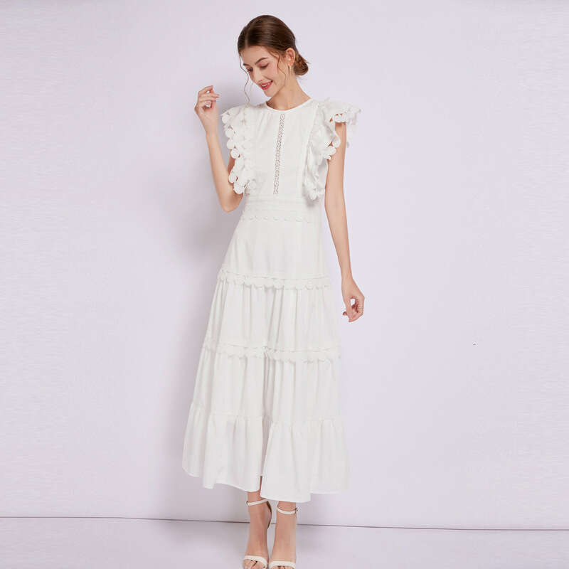 French Heavy Industry Embroidery Round Neck Flying Sleeves Waist Collection Design Solid Color Womens Dress A-line New Product Novelty Denim Dress Sil