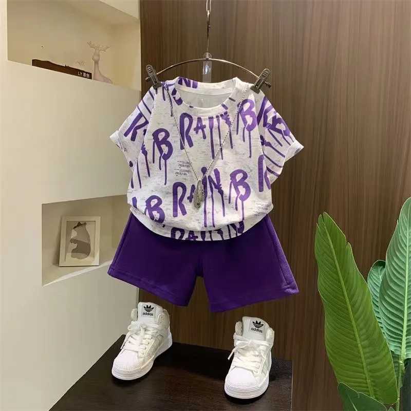 Clothing Sets Boys Summer Short Sleeves Handsome Set New Childrens Letter Full Print T-shirt Baby Summer Short Sleeves Two Piece Set Thin
