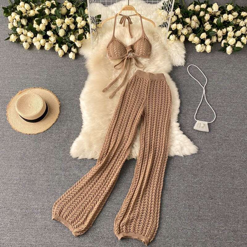 Seaside Hot Spring Resort Set Womens Summer Sexy Bikini Strap Hanging Neck Design with Hollow Knitted Wide Leg Pants Pregnant Womens Dress BOHO DRESS