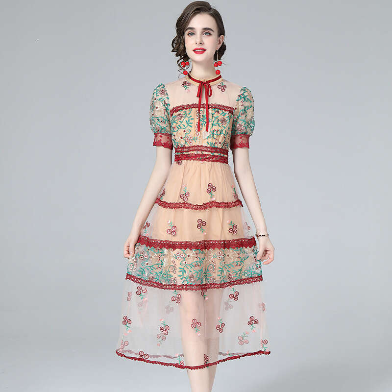 2023 Baroque Lace Up Round Neck Bubble Sleeve Mesh Perspective Heavy Industry Embroidered Dress Novelty Temperament Bifurcated Round Neck Dress BOHO D