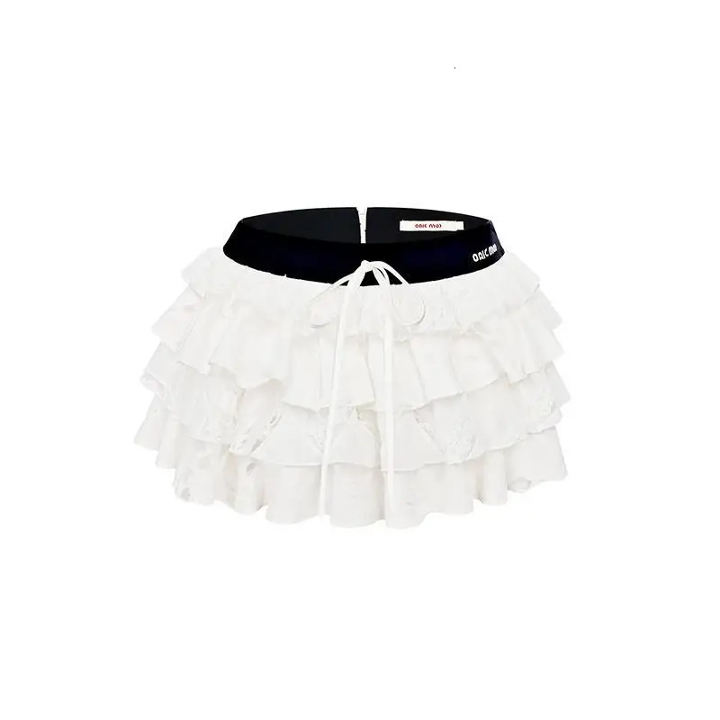 Deeptown Kawaii Sexy Ruffle White Mini Skirt Fairycore Cake Pleated Lace Up Short Skirts Coquette Casual Layered Patchwork Skirt 240710