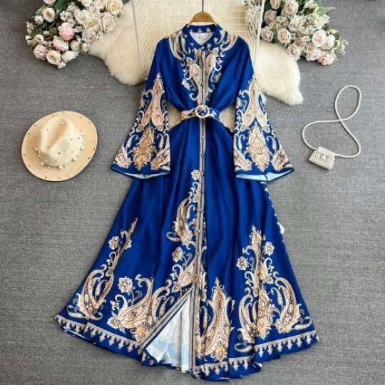Palace Style Speaker Long Sleeved Lapel with Waistband Single Breasted A-line Positioning Printed Dress for Women Loose Bifurcated Lace Dress