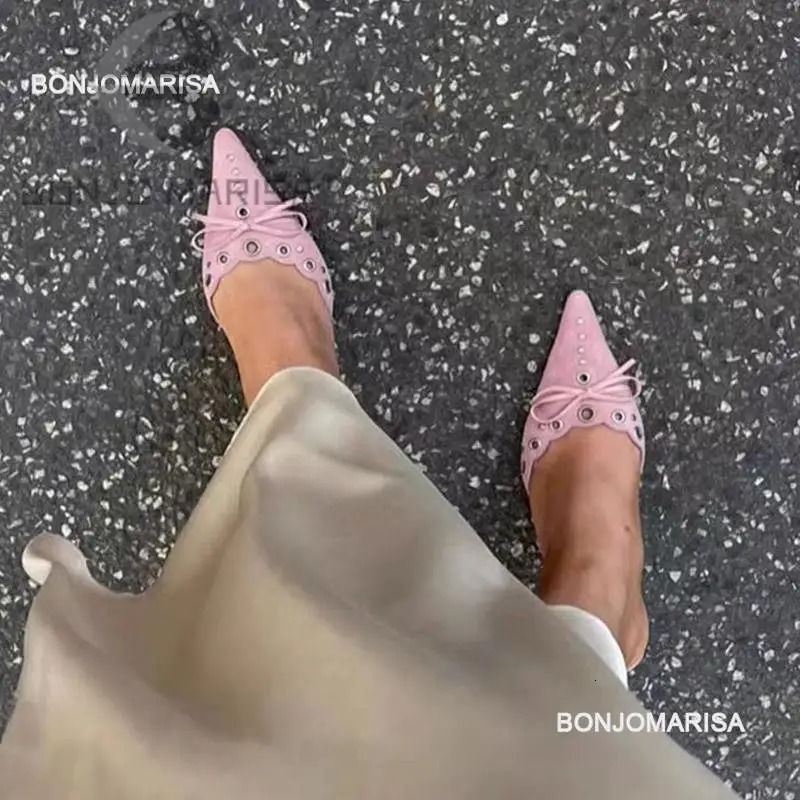 Bonjomarisa Pointed Toe Mules For Women Bowknot Elegant Heels Spring Fashion Stiletto Flock Sandal Slip On Comfortable Shoes 240712