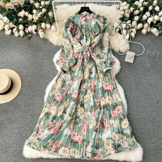 2024 Spring New Sweet Lotus Edge Slim Fit Mid Length Fragmented Chiffon Pleated Tea Break Skirt French Holiday Girl Sexy Round Neck Dress Pregnant Wom