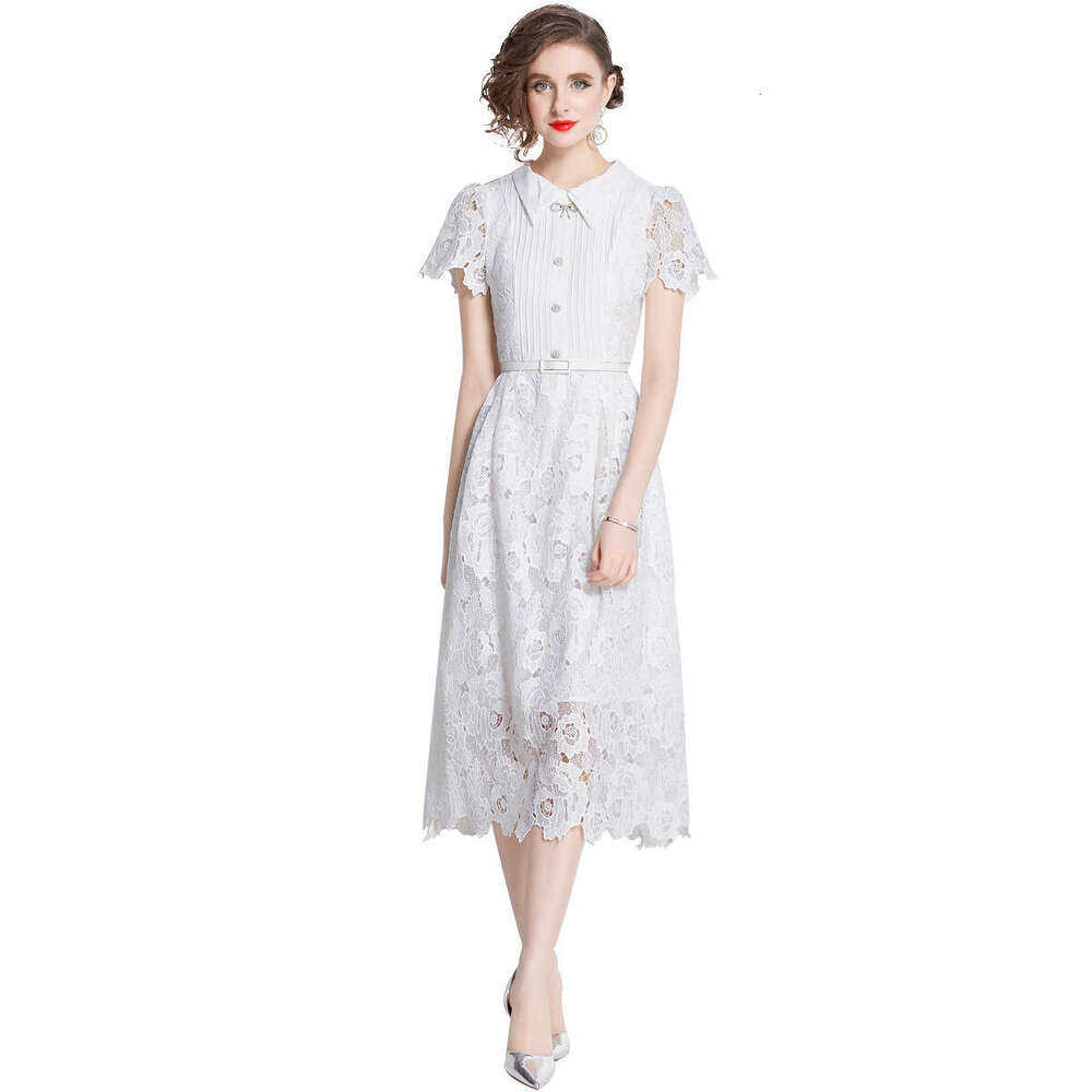 2024 Summer New Celebrity Style French Lace Bubble Sleeves Wrapped Waist White Dress Self-cultivation Temperament Bifurcated Novelty BOHO DRESS Denim 