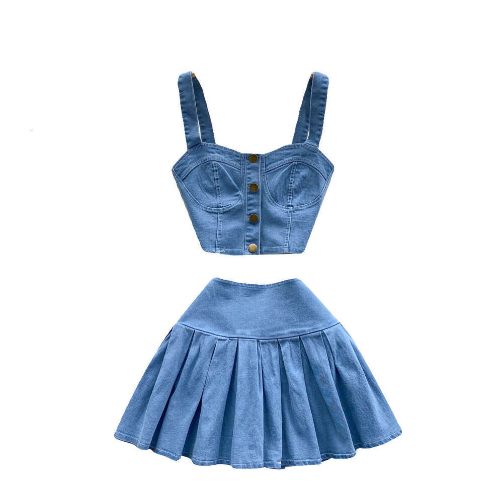 Chic Spicy Girl Style Short Camisole Vest Versatile Mini Skirt Denim Two-piece Set Trendy Short Novelty Silk Dress Denim Dress