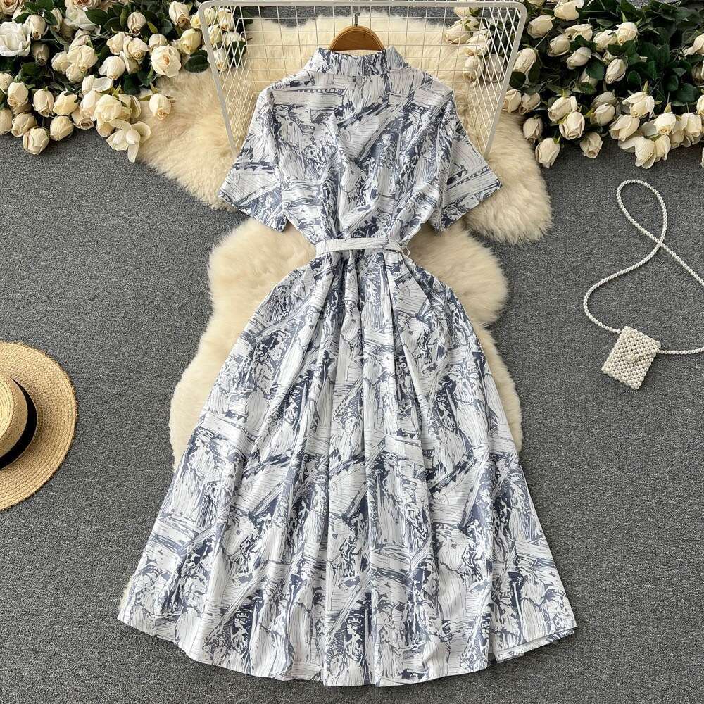 French Dress2024 Summer New and Elegant Style Fragmented Flower Lace Up Waist High End A-line Long Skirt Short Self-cultivation Waist Pregnant Womens 