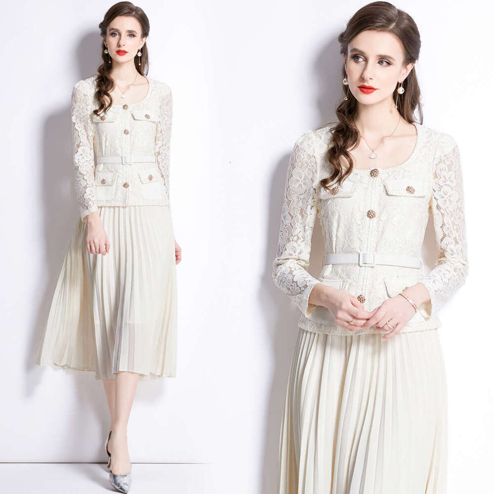 French Small Fragrant Style for Women with A High-end Feel. Heavy Work Nail Bead Metal Buckle Square Neck Lace Patchwork Pleated Fairy Dress Silk Dres
