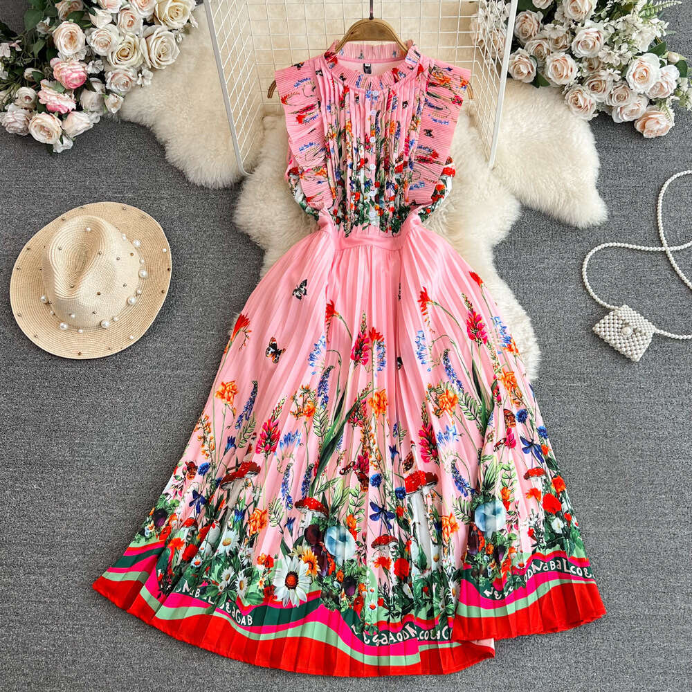 Summer Haute Couture, Socialite Temperament, Flying Sleeves, Stand Up Collar, Waist Up, Slim A-line Pleated Dress, Elegant Large Hem Skirt Lace Dress