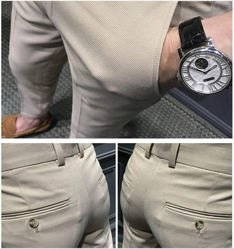 Mens Fashion Slim Fit Comfortable Ankle Length Suit Pants Casual Elastic Soild Small Foot Nine Point Pants Commuting Wear 240715