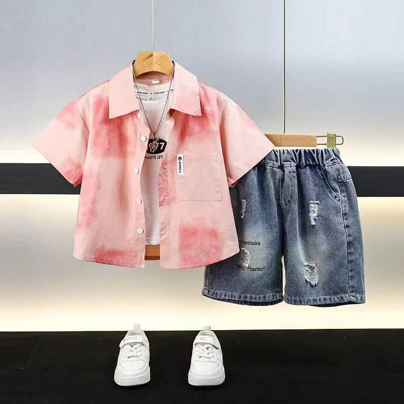 Clothing Sets Boys Short sleeved Shirt Set 2024 New Childrens Summer Top Baby Top Denim Shorts Boys Summer Shirt Two piece Set