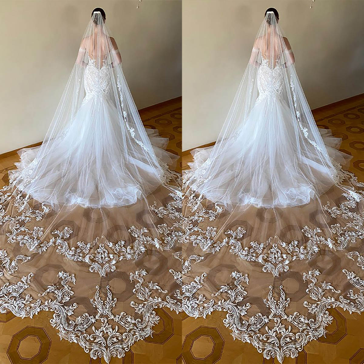 Vintage Wedding Veil Appliques Embroidery Long Special Cut Royal Bridal Veil with Comb Veil 3M White Ivory Wedding Accessories