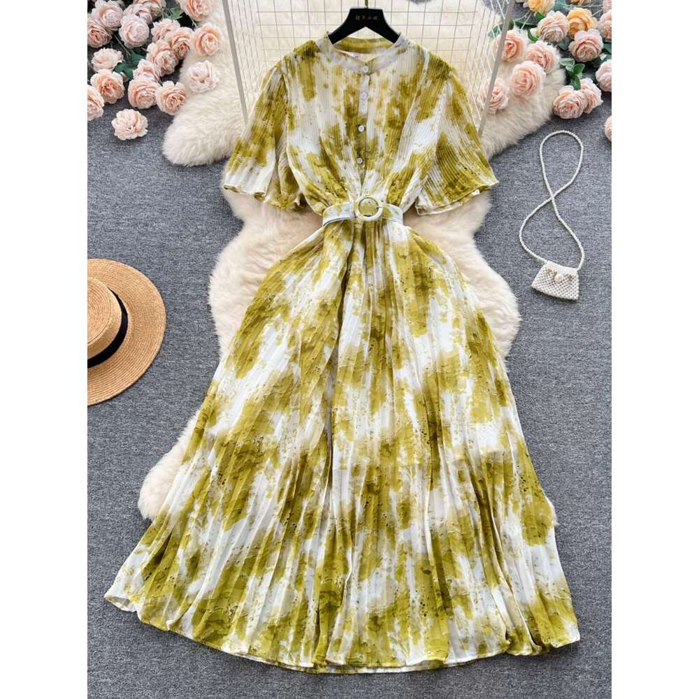 Light Luxury Elegant Round Neck Short Sleeved Halo Dyed Chiffon Dress for Women in Summer, with Slim Waist and A Large Hem Long Skirt Pregnant Womens 