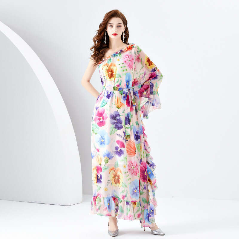 Spring/summer 2024- Vacation Style One Shoulder Wooden Ear Strap Long Wide Swing Printed Dress Bifurcated Sexy Self-cultivation Round Neck Dress Lace 