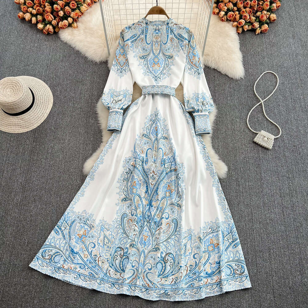 Palace Style Printed Long Sleeved Waist Cinched Single Breasted Lantern Sleeve A-line Large Hem Elegant Formal Dress Temperament Denim Dress SKINNY DR