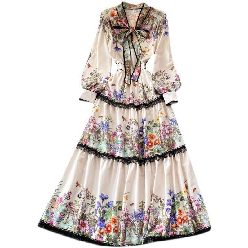 Palace Style Elegant Floral High-end Dress with Tie and Bow, Cinching Waist for Slimming Effect, Lace Over Knee Long Skirt Self-cultivation Lace Dress