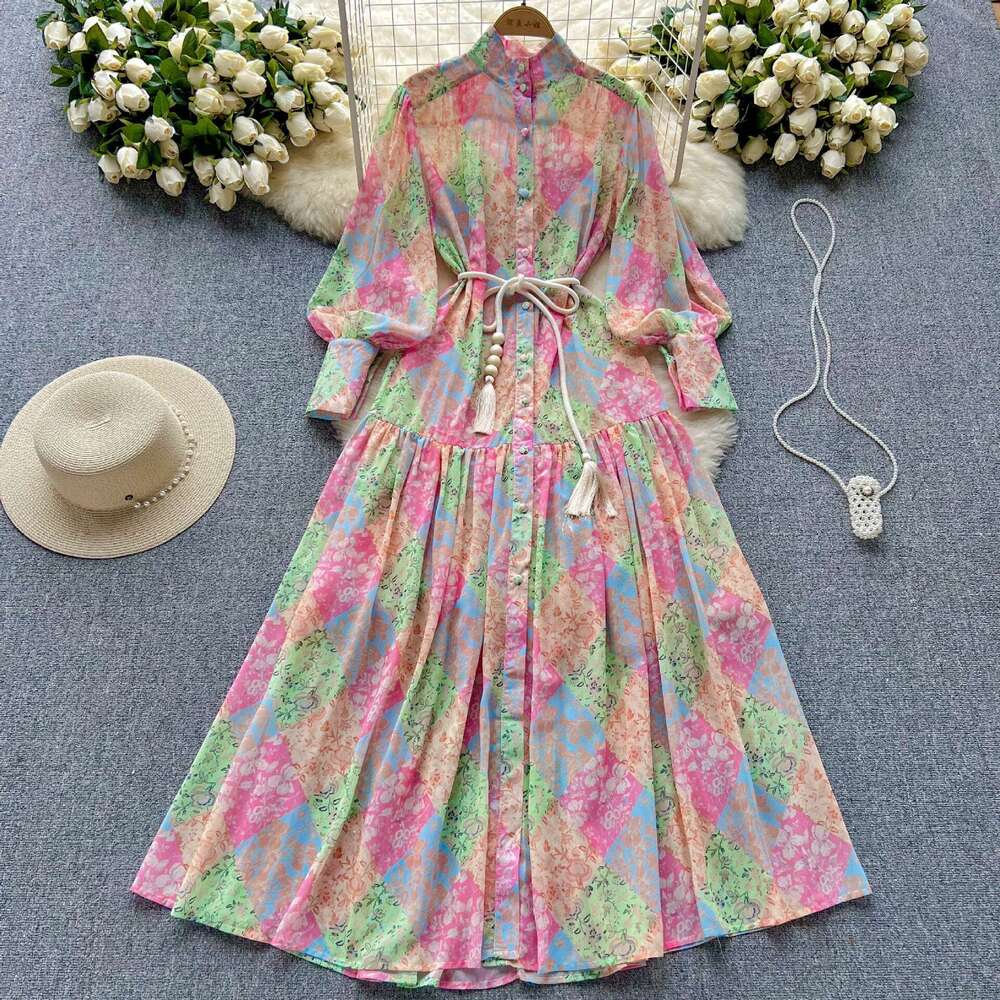 Spring and Autumn Seasons Thin Sleeved Standing Neck High End Printed Chiffon Womens Loose Lace Up Waist Holiday Long Dress Self-cultivation Silk Dres