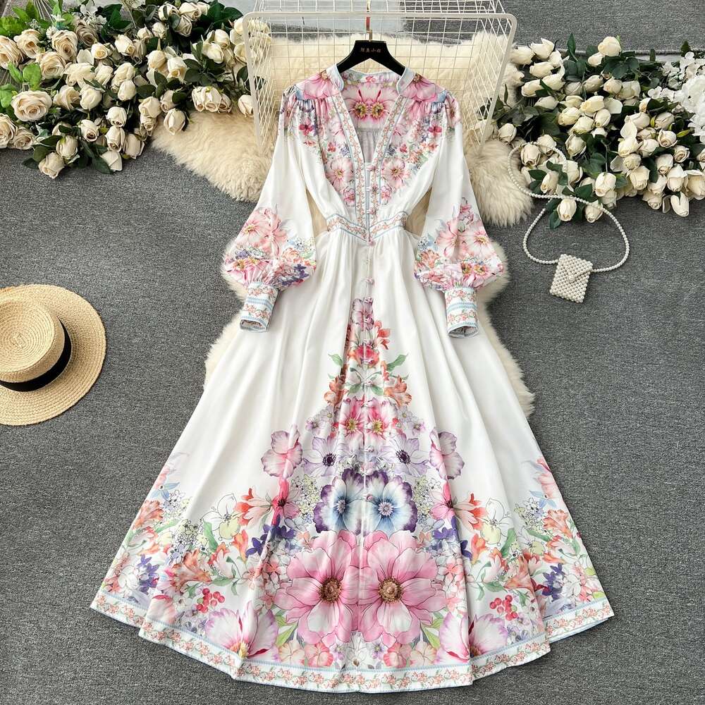 Early Spring New French Printed Button Slim Fit Long Fashionable Bubble Sleeves with Elegant Dress Sexy Loose Bifurcated Novelty Waist Oversize Dress